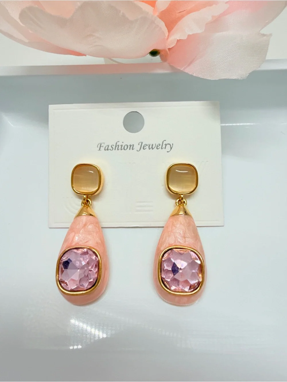 Pink Teardrop Earrings with Faceted Lilac Stones Lead and nickol free